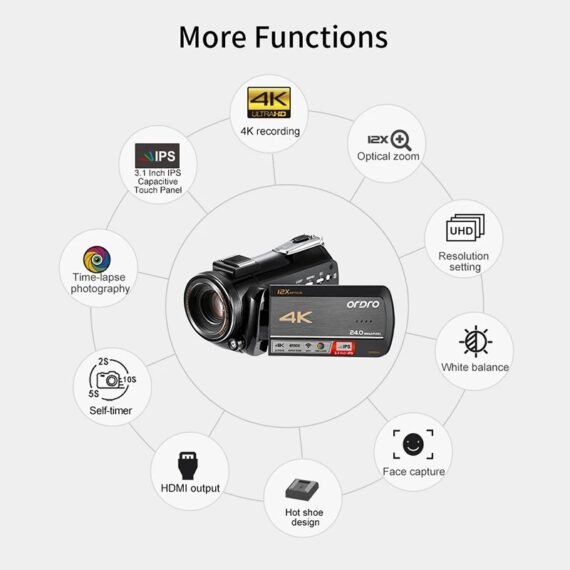 Video Camera 4K YouTube Church Live Streaming Facebook Ordro AC5 Camcorder Filmadora Professional Vlog Camera 12X Optical Zoom